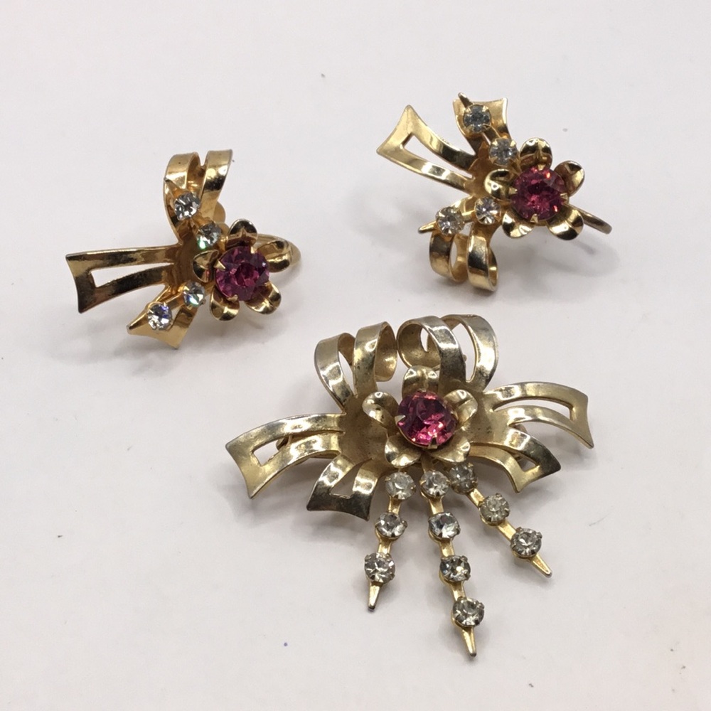Vintage Pink Rhinestone Bow Ribbon Brooch/Pendant Earrings Set - Picture 10 of 10